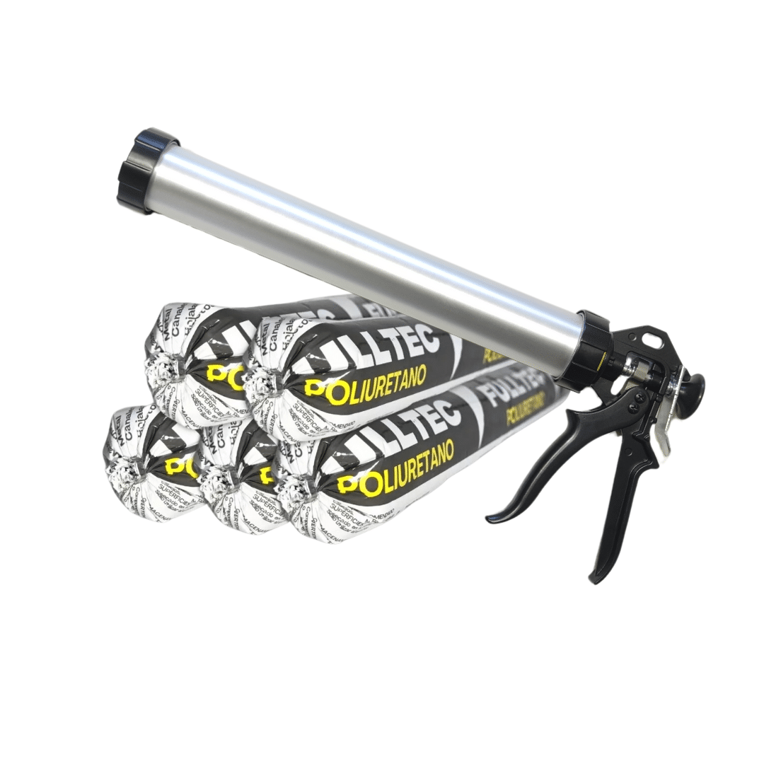 Kit 5 cartuchos poliuretano Fulltec 600ml (blanco/gris) y pistola calafatera, masilla profesional de alto rendimiento para sellado de juntas estructurales.