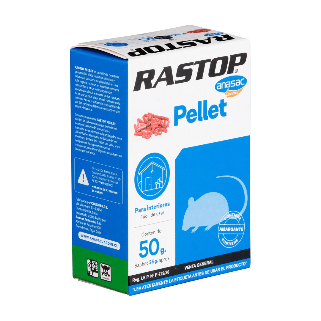 aticida Rastop en pellet 50 gramos, cebo granulado para control de ratas y ratones, formato pequeño para uso doméstico.