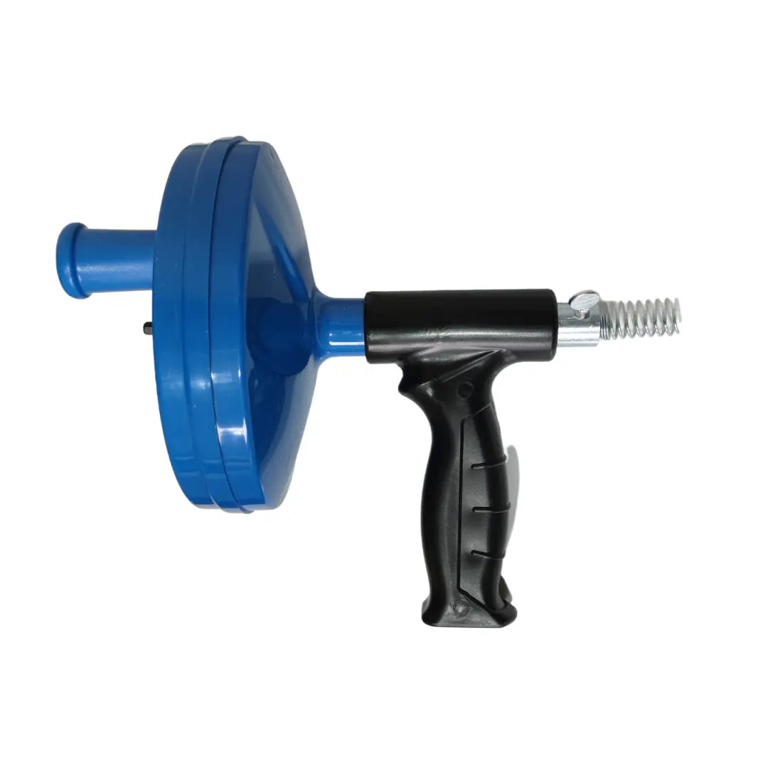 Destapador de desagües con forma de pistola que utiliza presión de aire para limpiar cañerías y eliminar atascos de forma rápida y sin químicos.