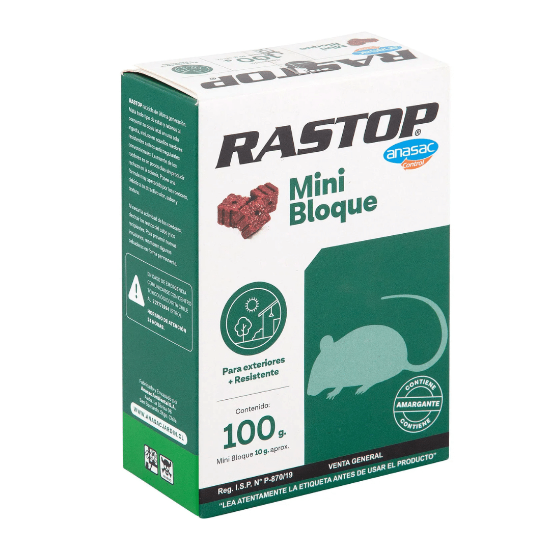 Rodenticida Rastop mini bloque 100 gramos, cebo en bloque de alta palatabilidad para el control profesional y doméstico de ratas y ratones.