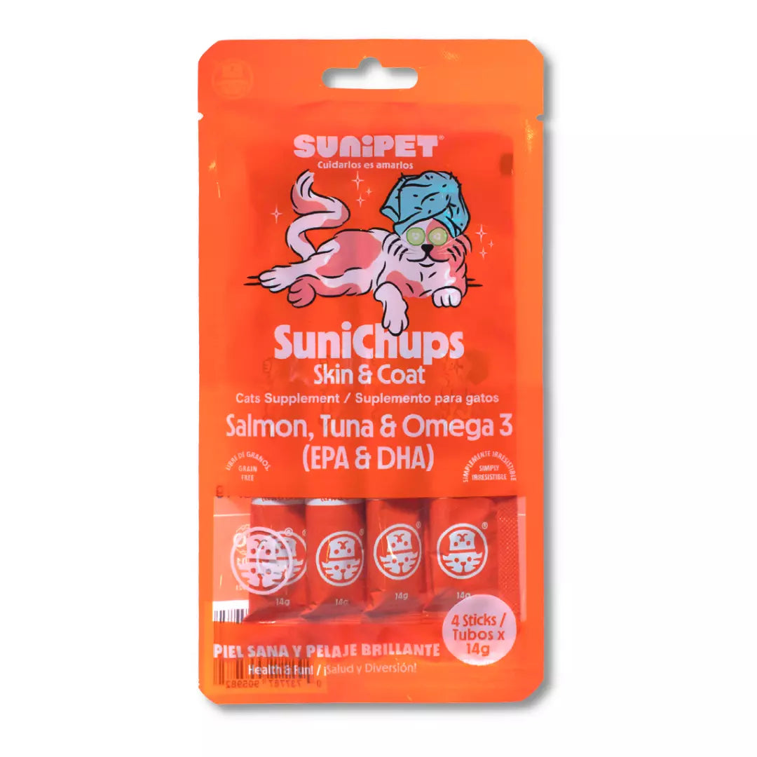 Snack funcional para gatos que ayuda a mantener piel sana y pelaje brillante con sabor a pollo
