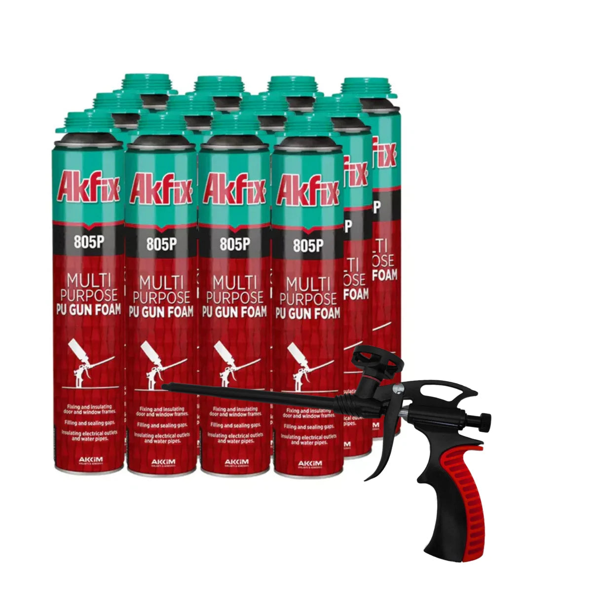 Pack 12 espumas poliuretano Akfix 805P 750 ml con pistola aplicadora Fullsello para sellado y aislamiento profesional