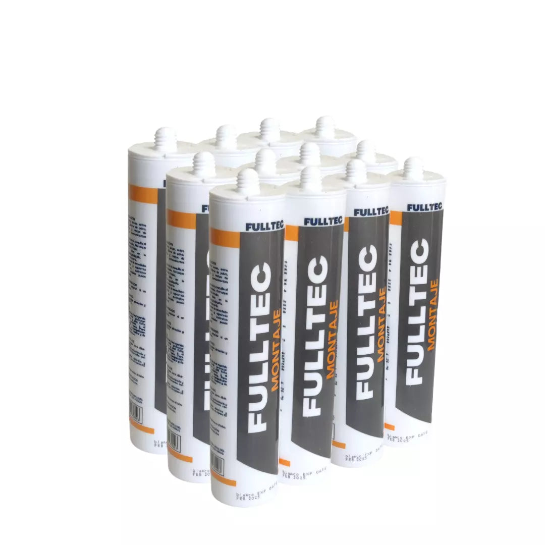 Caja de 12 cartuchos de adhesivo de montaje Fulltec/Fullsello de 300ml, color blanco, para fijaciones fuertes y permanentes en construcción