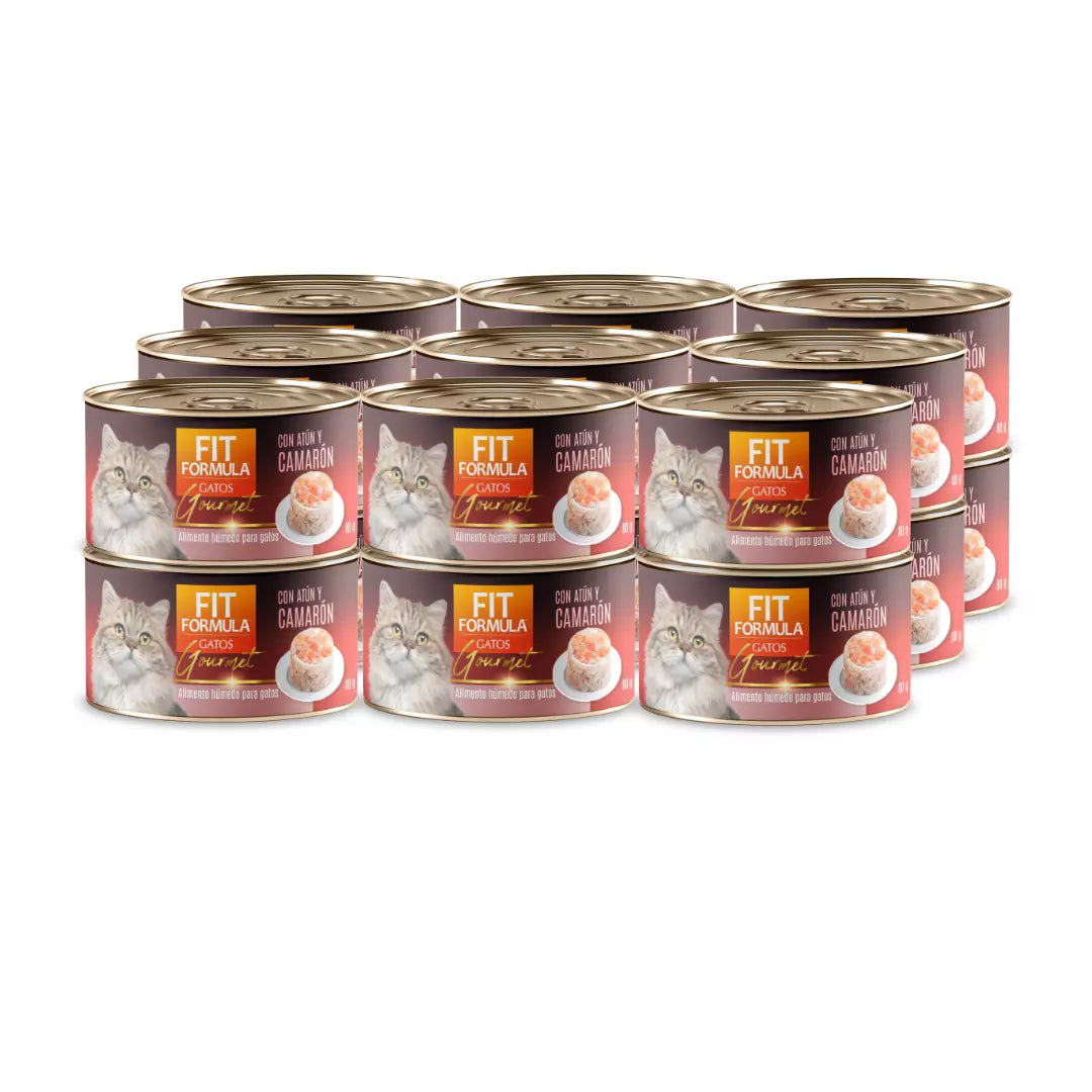 Pack de 12 latas de comida húmeda Gourmet para gatos, sabor atún y camarón