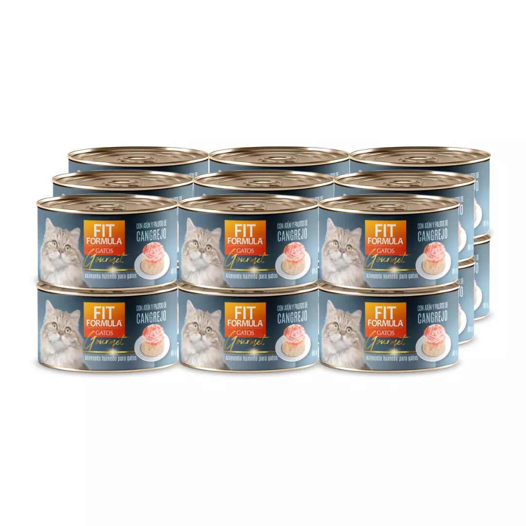 Pack 12 latas de alimento húmedo gourmet para gatos, receta con palitos de cangrejo, fuente de proteína, hidratación y nutrientes esenciales para felinos.