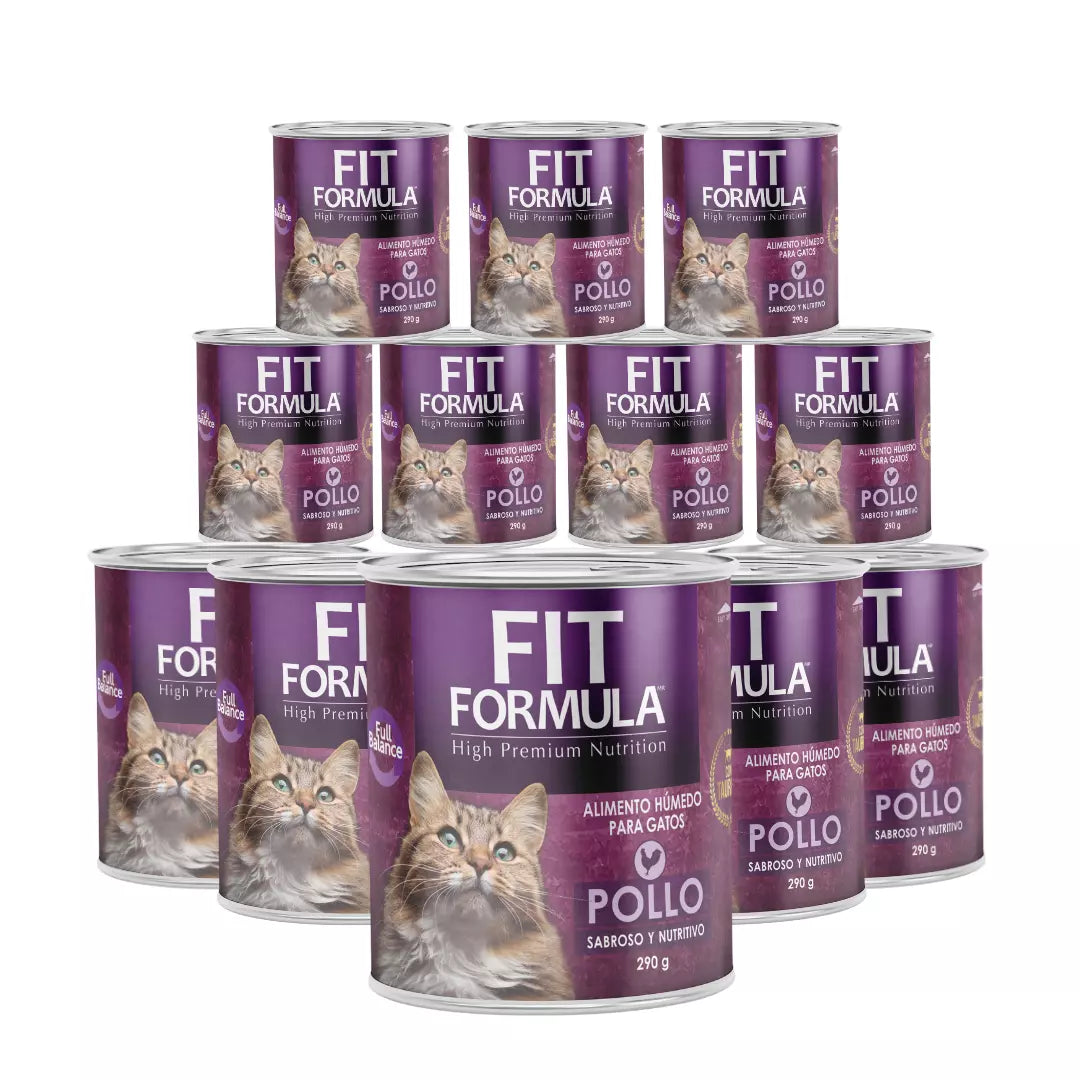 12 latas de 290 gramos de comida húmeda Fit Formula sabor pollo para gatos, que promueve la hidratación y nutrición diaria