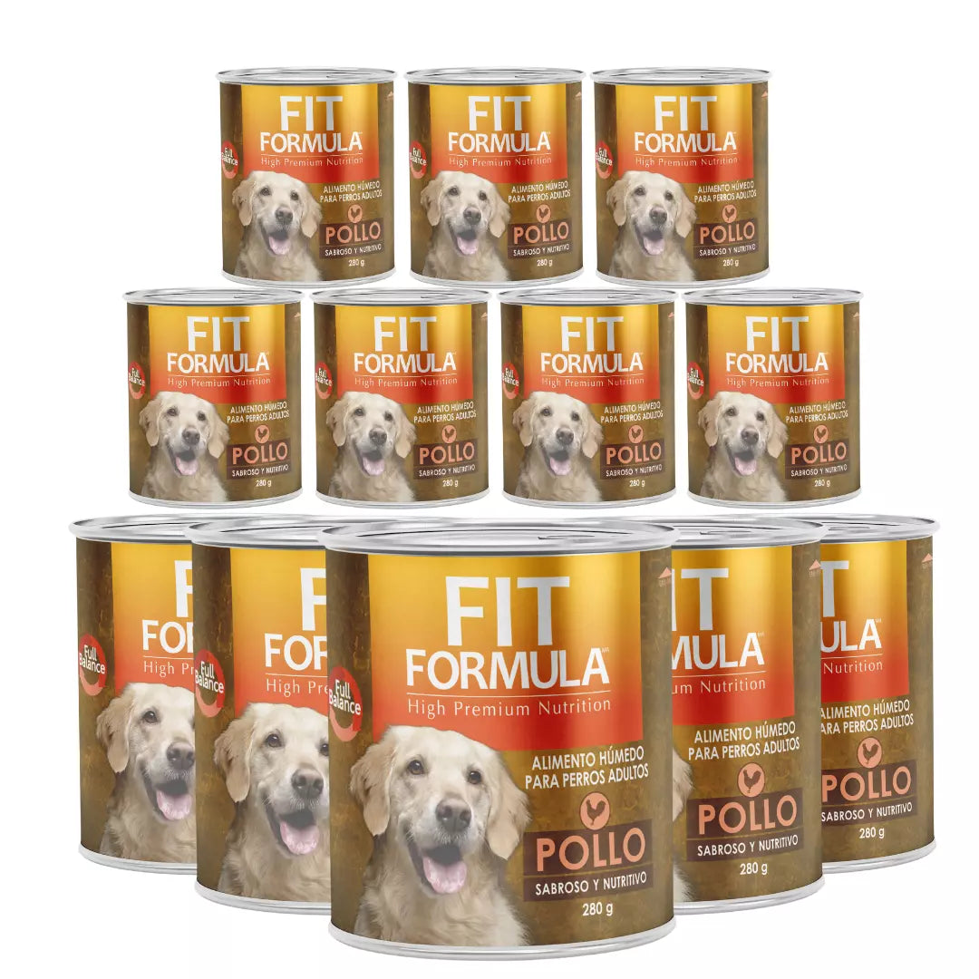 alimento húmedo Fit Fórmula sabor pollo para perros adultos, ideal como dieta completa o topper.