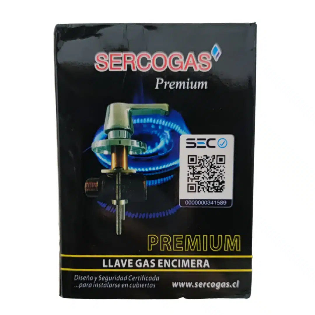 Llave de paso de gas certificada SercoGas HI-HE de 1/2 pulgada, válvula de seguridad para la conexión y corte de gas en encimeras y estufas.