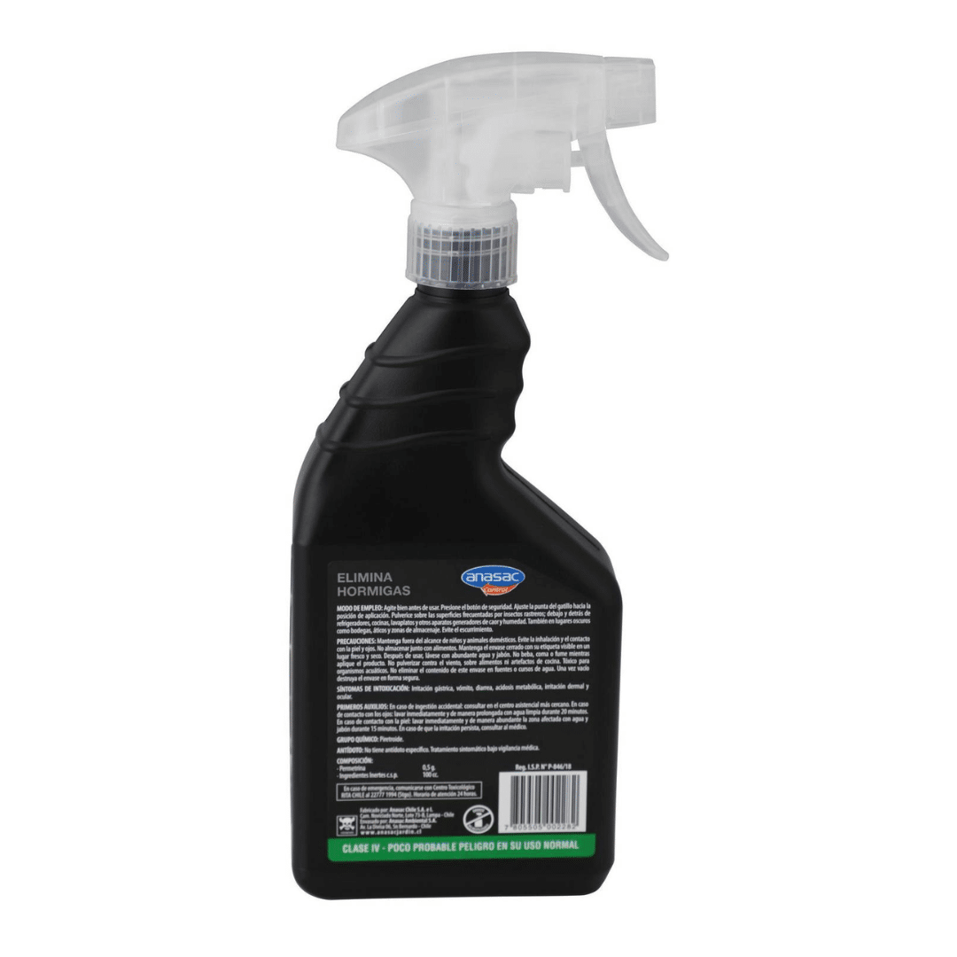 Insecticida líquido Anasac LPU para hormigas en envase de 500 cc, solución efectiva para el control y exterminio de nidos de hormigas.