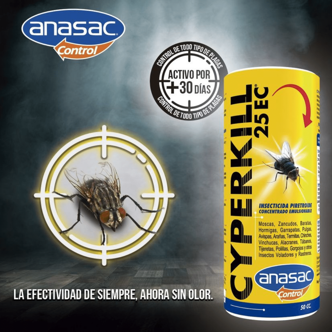 insecticida concentrado Cyperkill 25 EC (Cipermetrina 25%) para control de plagas rastreras y voladoras en el hogar, jardín y bodegas.