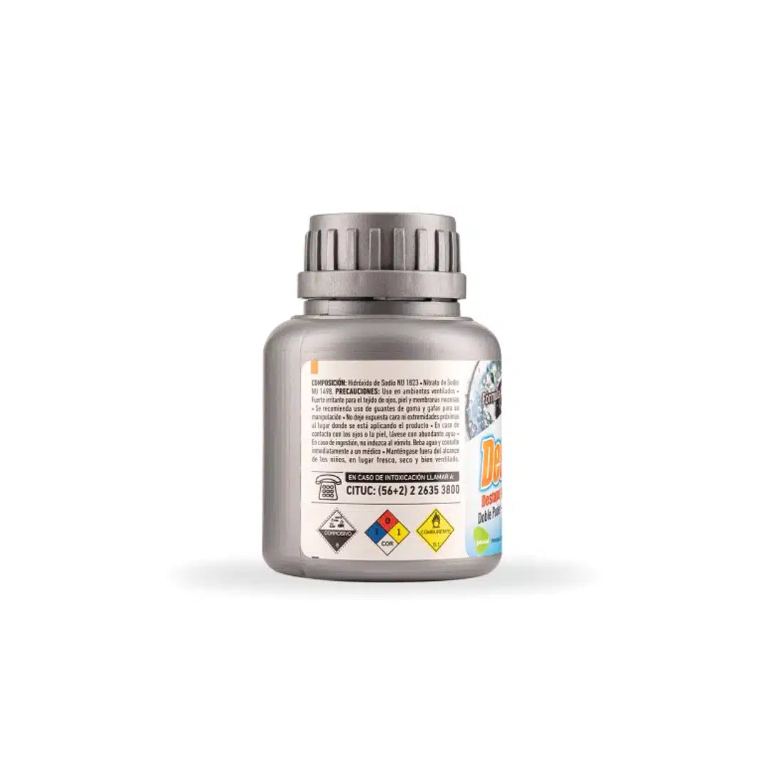 Envase de destapador de cañerías químico Desblock Passol Doble Acción, para eliminar tapones severos de grasa, cabello y materia orgánica en desagües.