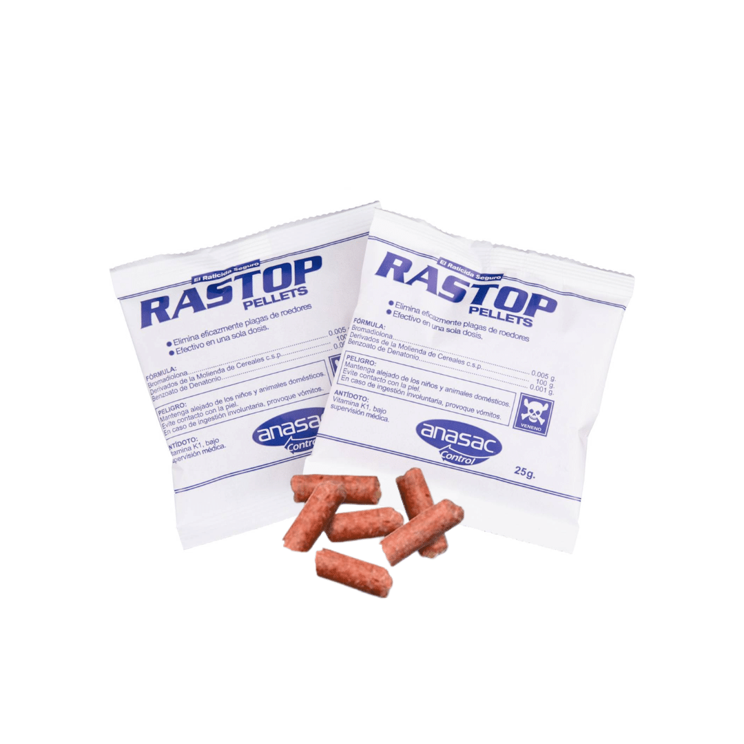 aticida Rastop en pellet 50 gramos, cebo granulado para control de ratas y ratones, formato pequeño para uso doméstico.