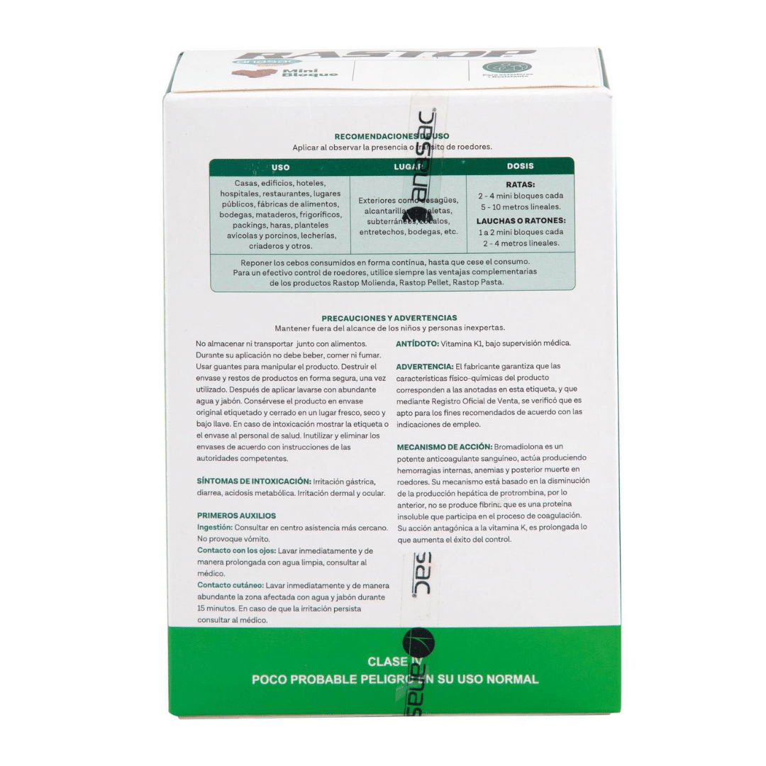 Rodenticida Rastop mini bloque 100 gramos, cebo en bloque de alta palatabilidad para el control profesional y doméstico de ratas y ratones.