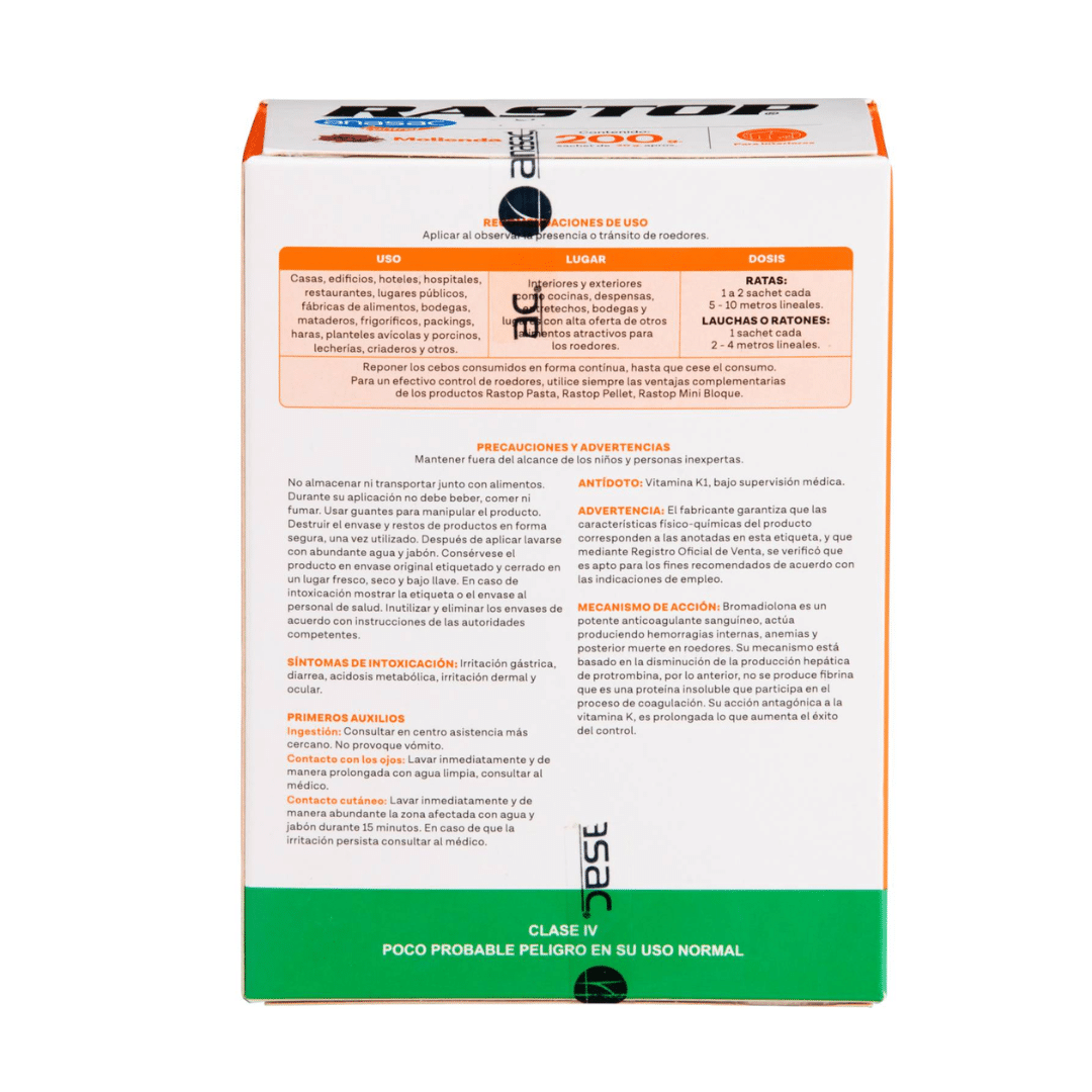 Rodenticida Rastop Molienda Toffee 200 gramos, cebo en harina de alta palatabilidad para el control de ratas y ratones, ideal para áreas secas y almacenes.