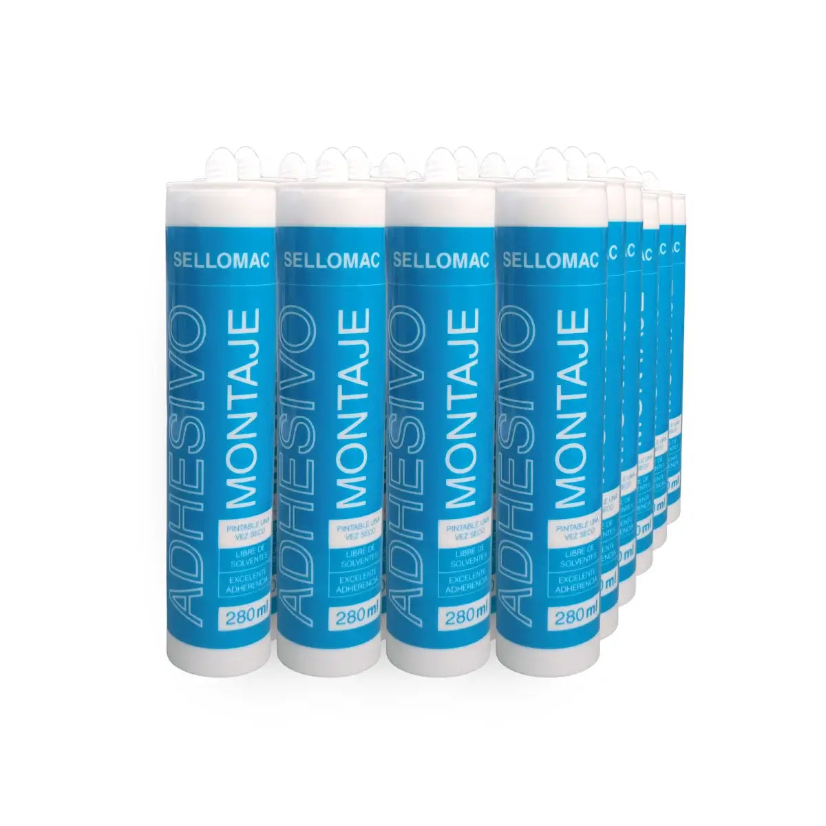 Adhesivo de Montaje Sellomac 280ml, ideal para fijación en superficies absorbentes.