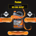 Anticongelante Prestone Coolant 50/50 Dexcool color naranja, refrigerante de larga vida útil para protección de motor y sistema de enfriamiento de vehículos.