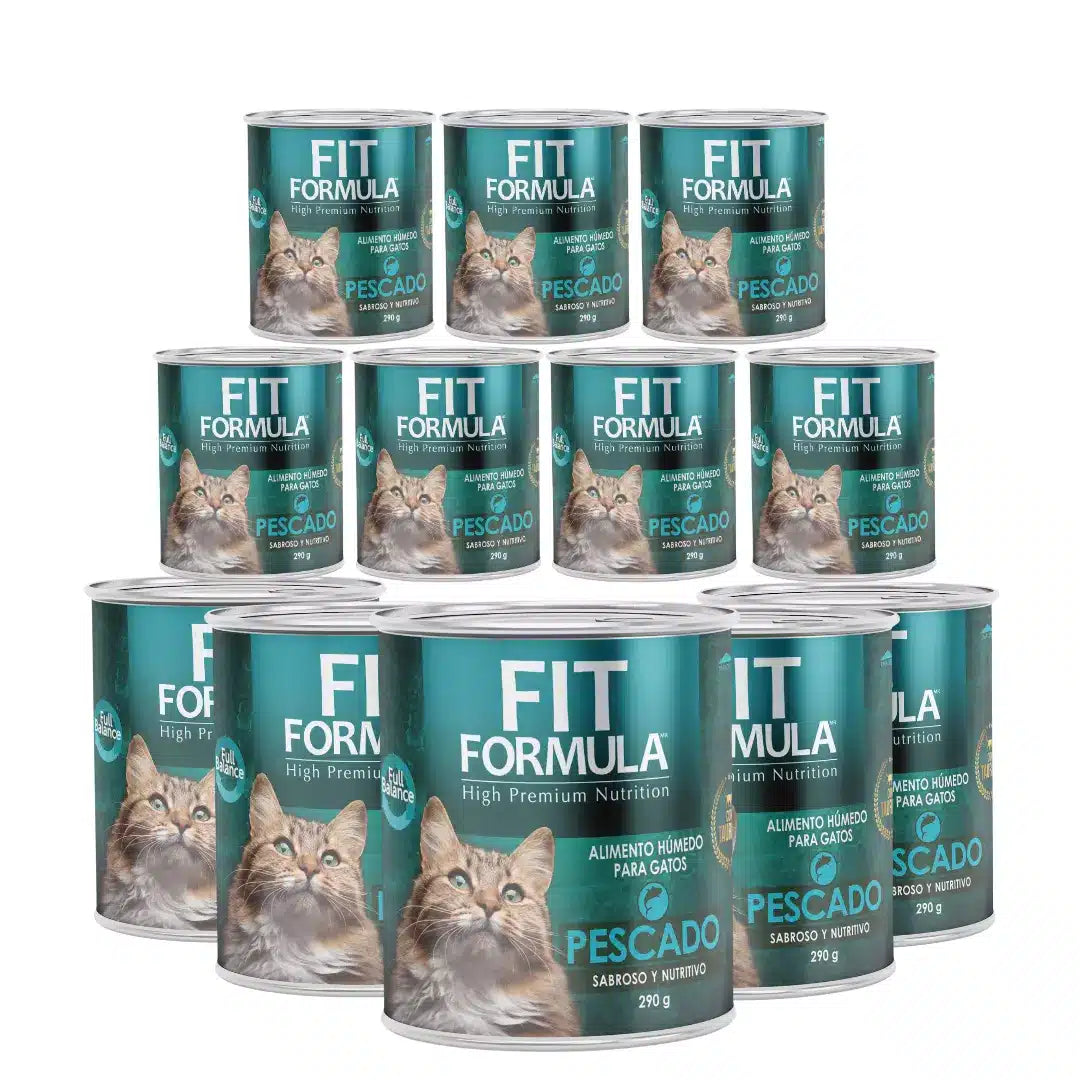 Pack de 12 latas de 290 gramos de alimento húmedo Fit Formula sabor pescado para la nutrición diaria de gatos