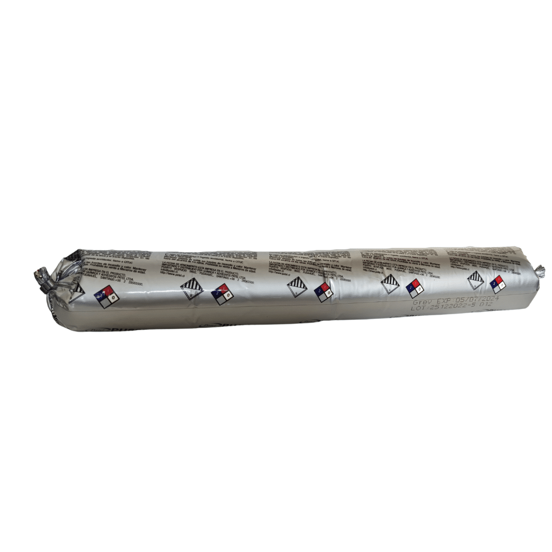 Pasta selladora de poliuretano Patel gris 600 ml, masilla elástica para sellado de juntas de dilatación, resistente al movimiento y a la intemperie.