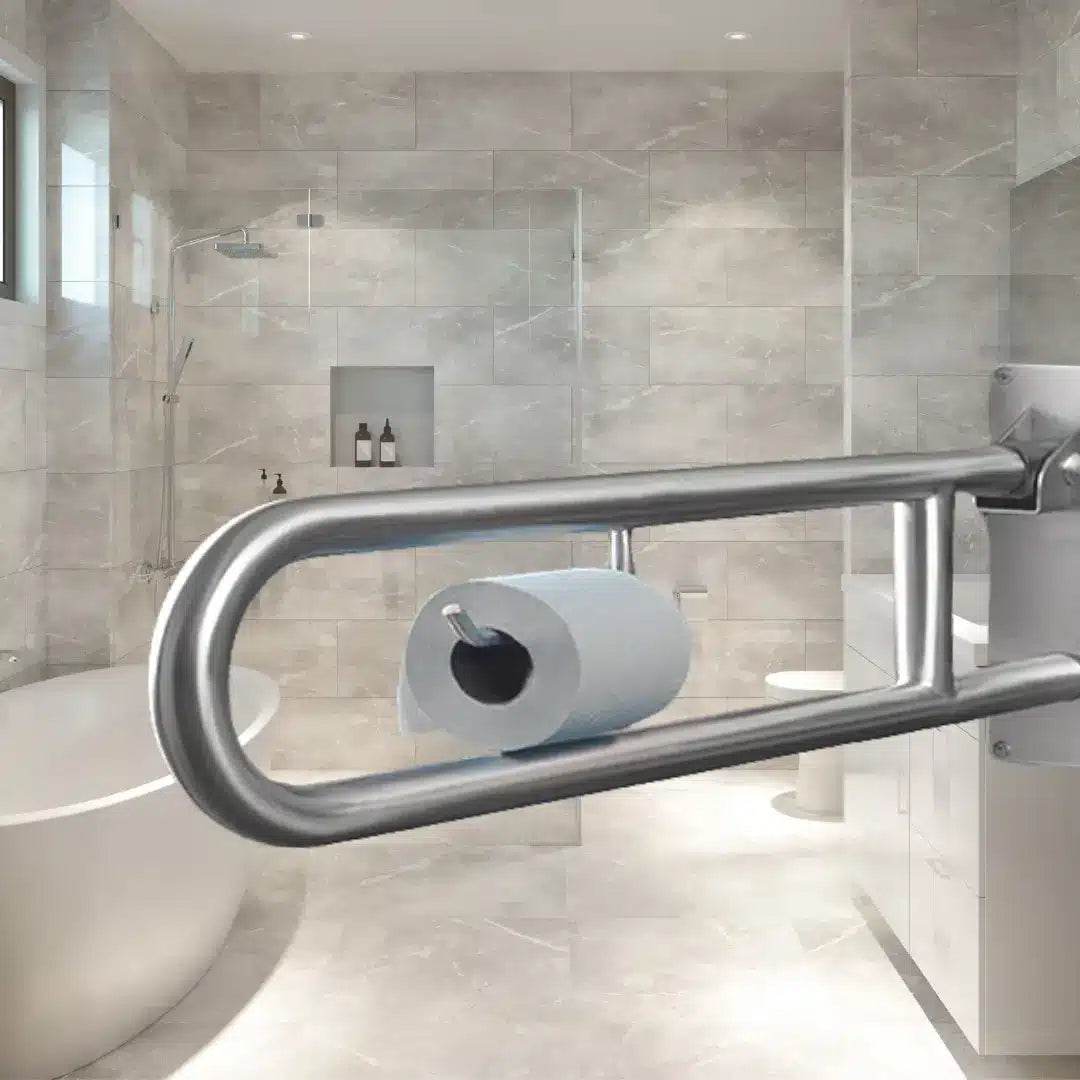 Barra de apoyo de seguridad abatible y plegable para instalación en muro de baño, para personas con movilidad reducida