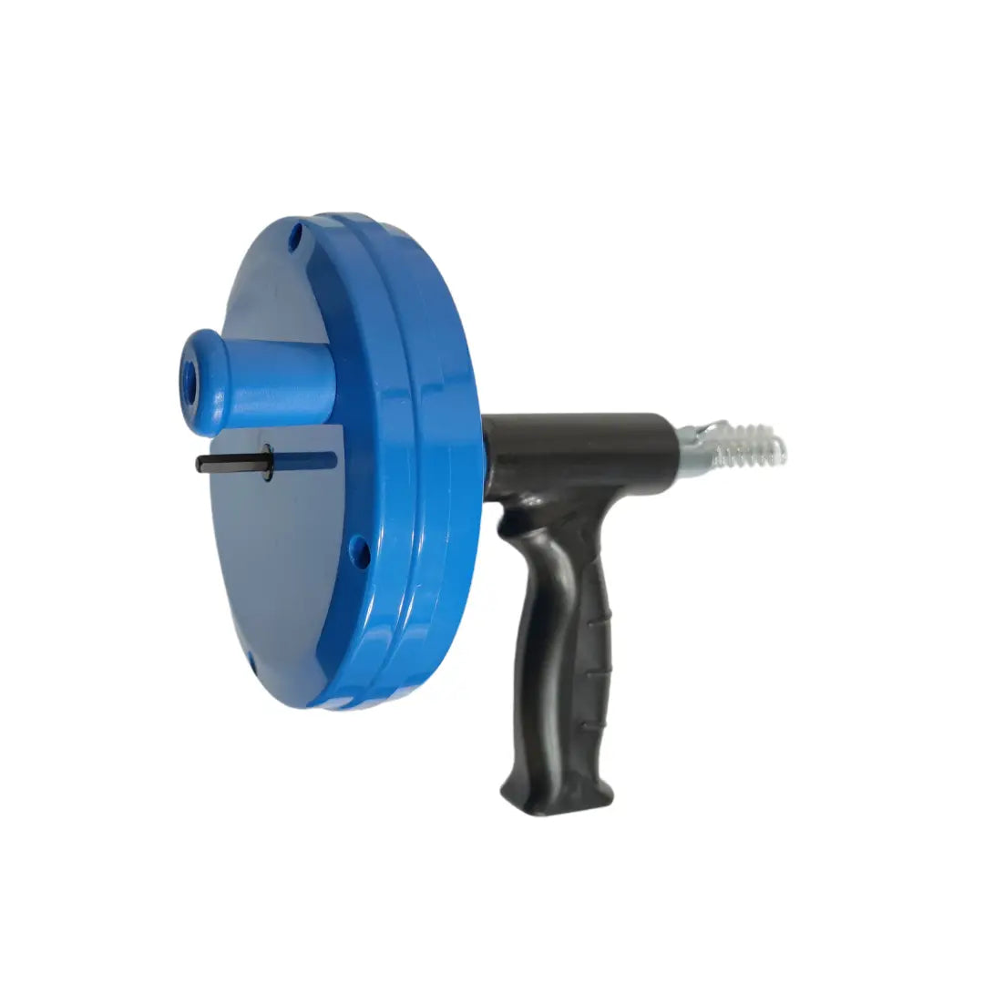 Destapador de desagües con forma de pistola que utiliza presión de aire para limpiar cañerías y eliminar atascos de forma rápida y sin químicos.