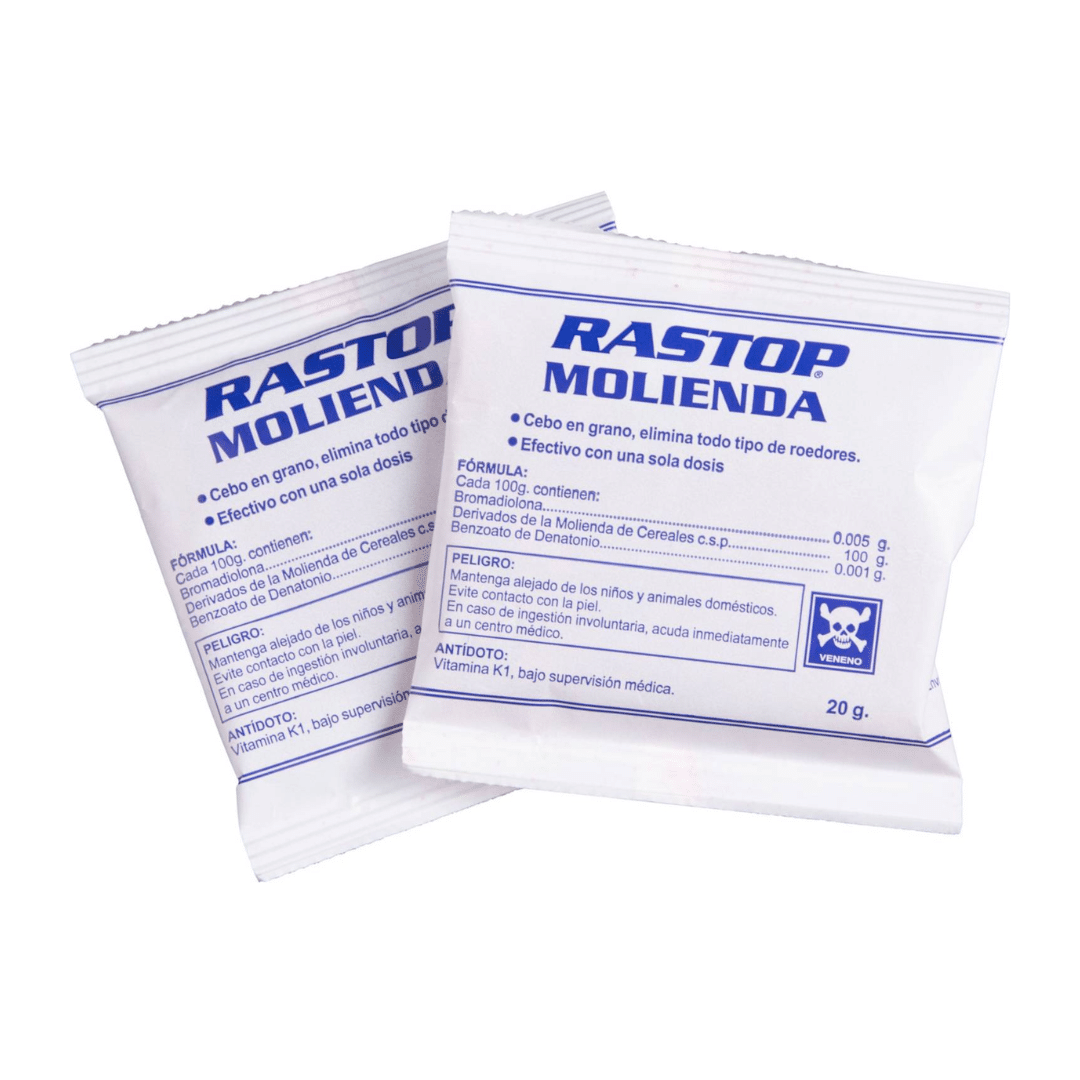 Rodenticida Rastop Molienda Toffee 200 gramos, cebo en harina de alta palatabilidad para el control de ratas y ratones, ideal para áreas secas y almacenes.
