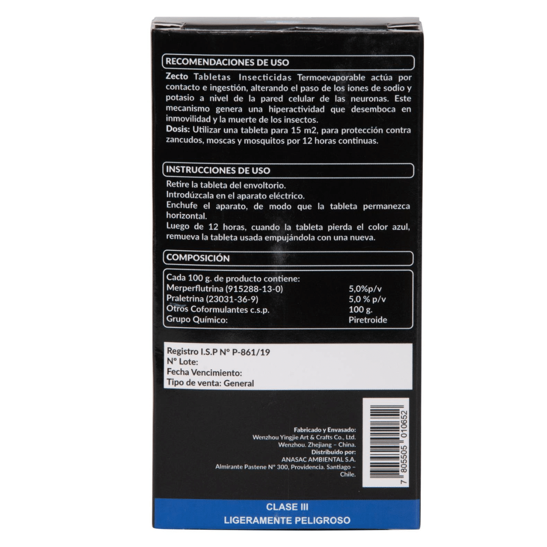 Tablet insecticida Zecto recarga 12 unidades para control de insectos domésticos