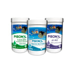 Kit de 3 productos Piscinol para mantenimiento de piscinas: tabletas 3 en 1, decantador y elevador de pH.