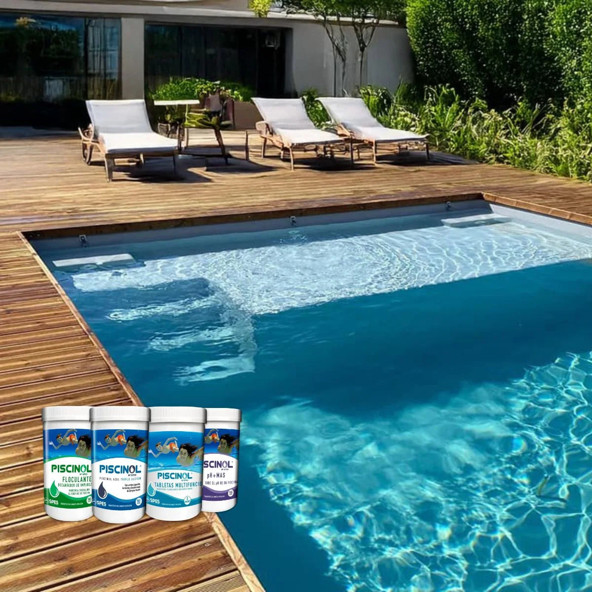 Kit de 4 frascos de 1kg Piscinol para mantenimiento de piscinas: cloro, tabletas, decantador y sube pH.