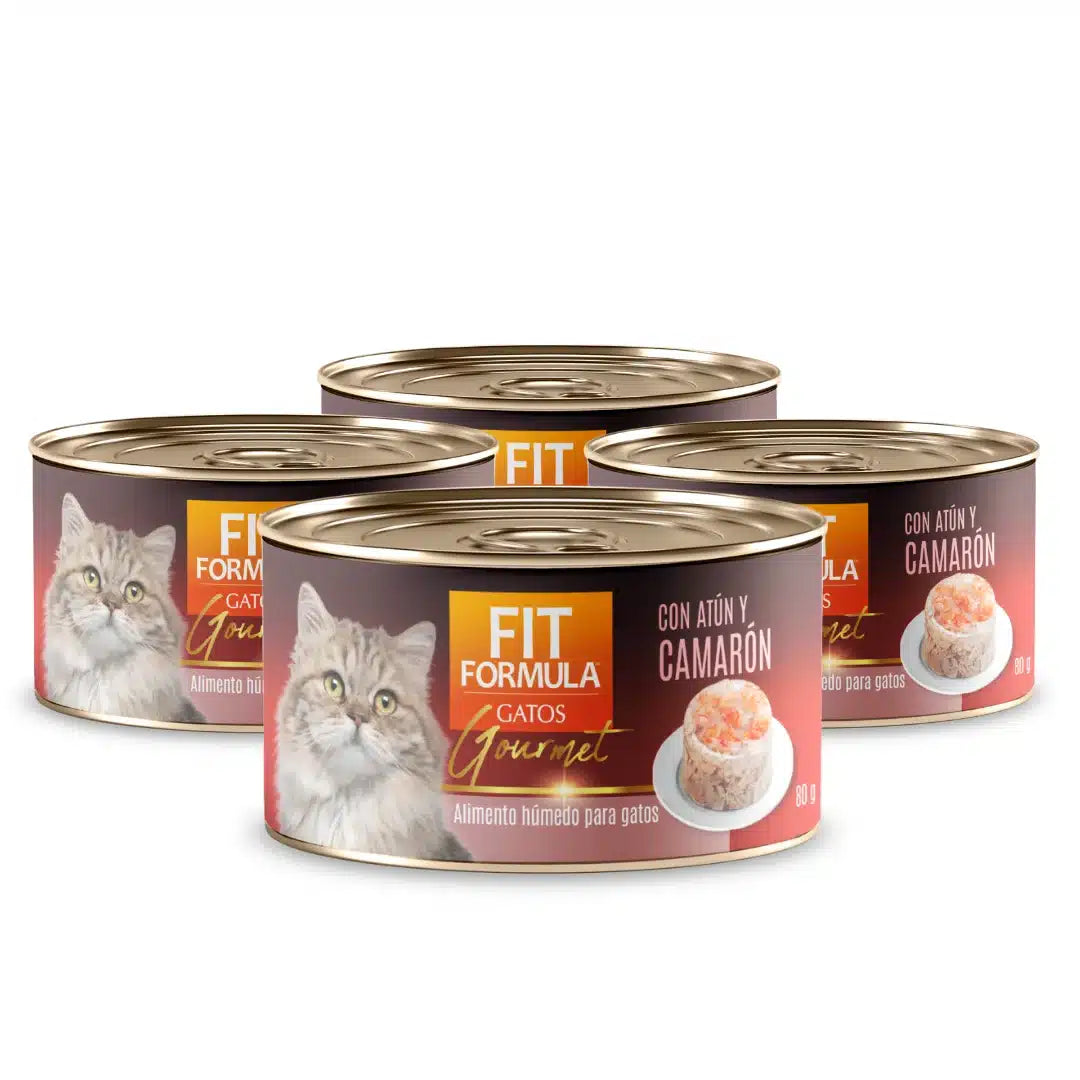 Pack de 4 latas de comida húmeda Gourmet para gatos, sabor atún y camarón