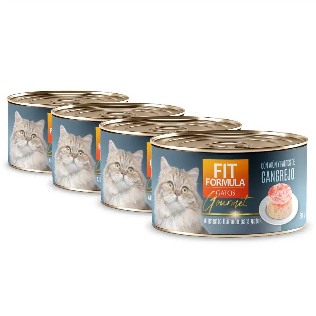 alimento húmedo gourmet para gatos, receta con palitos de cangrejo para una dieta nutritiva e hidratante.