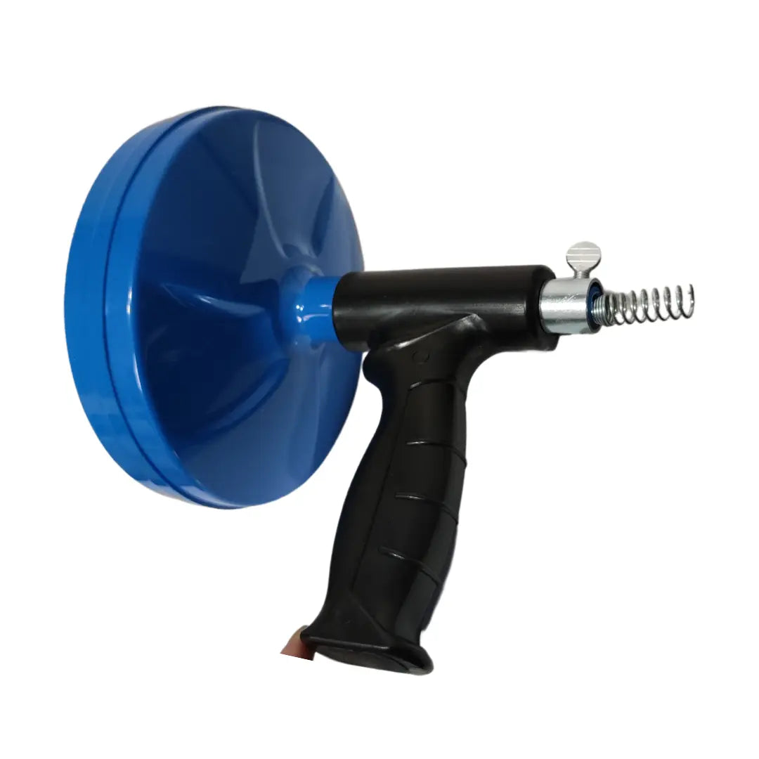 Destapador de desagües con forma de pistola que utiliza presión de aire para limpiar cañerías y eliminar atascos de forma rápida y sin químicos.