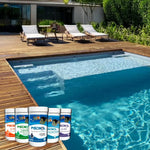Kit de mantenimiento limpieza y tratamiento integral de piscina marca Piscinol con cloro, pH y floculante.