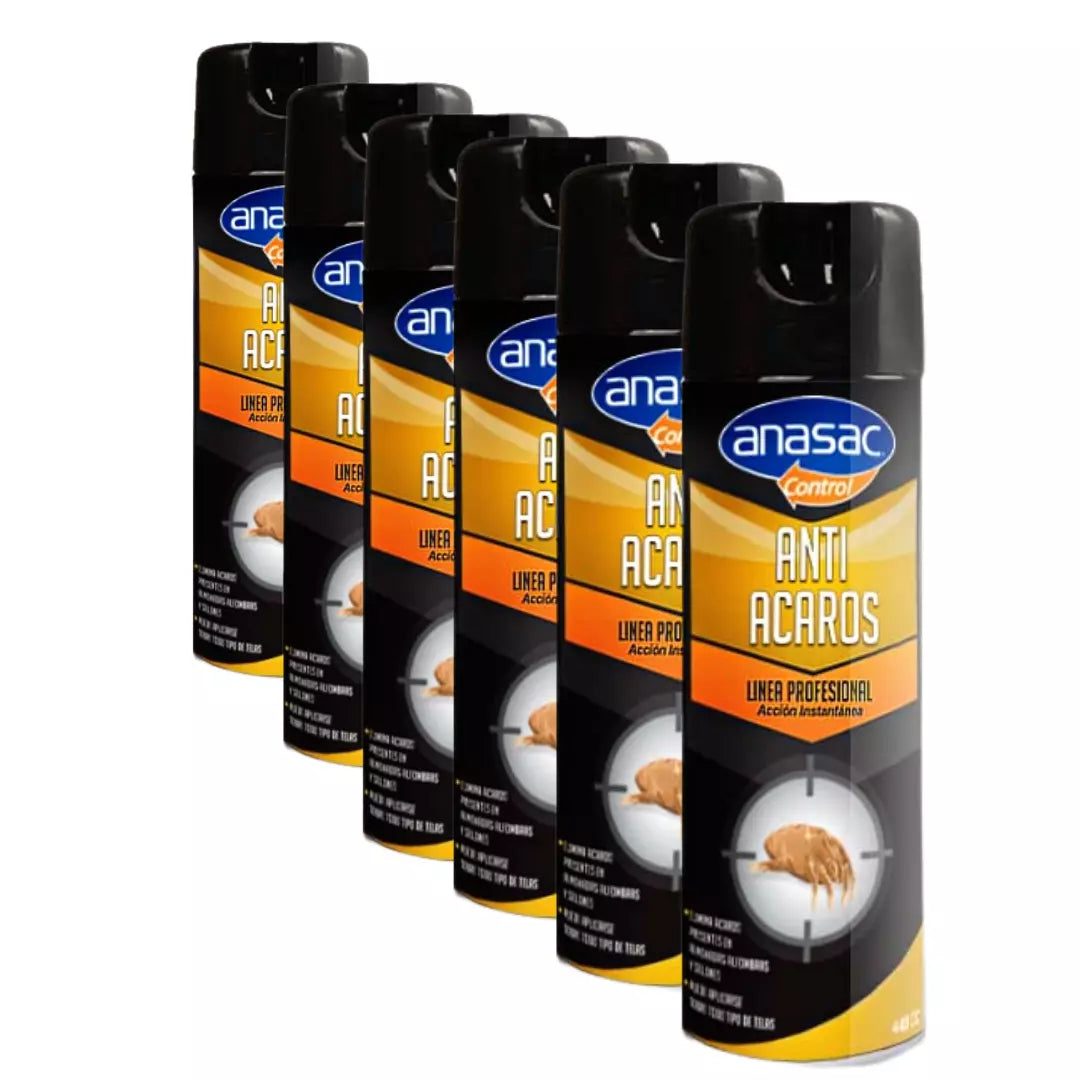 Pack 6 insecticidas antiácaros Anasac 400ml en aerosol, elimina los ácaros del polvo en colchones y tapicería, previniendo alergias respiratorias.