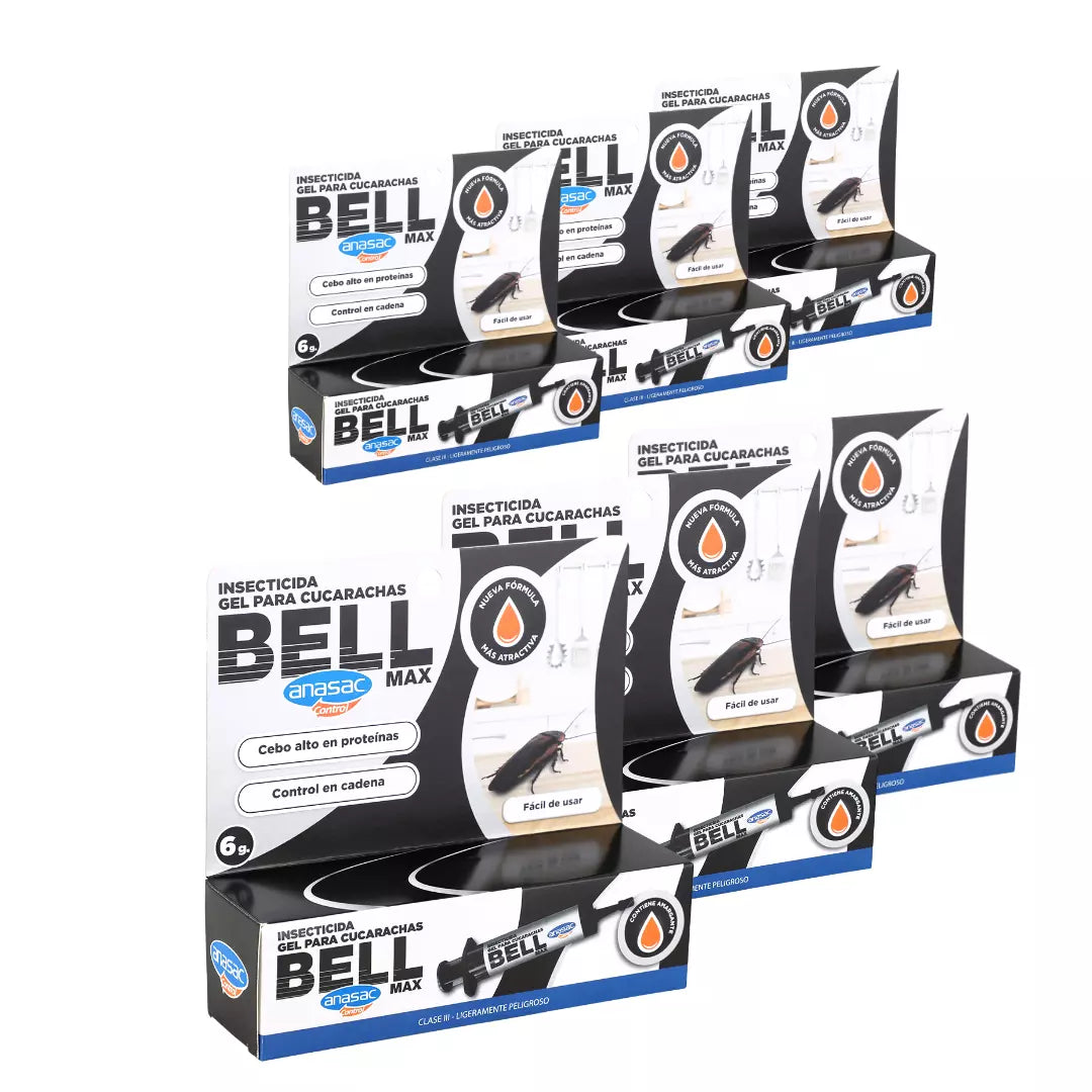 Pack 6 jeringas Bell Max Gel Anasac 6g, cebo de alta efectividad para eliminar cucarachas, ideal para cocinas y áreas internas.