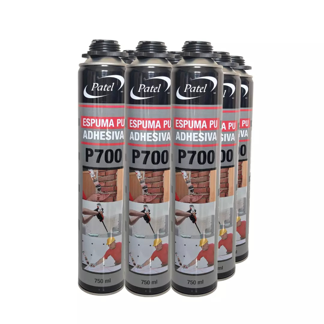 Caja de 6 latas de espuma adhesiva de poliuretano Patel P700 de 750 ml, para fijación de paneles de aislamiento y construcción en seco
