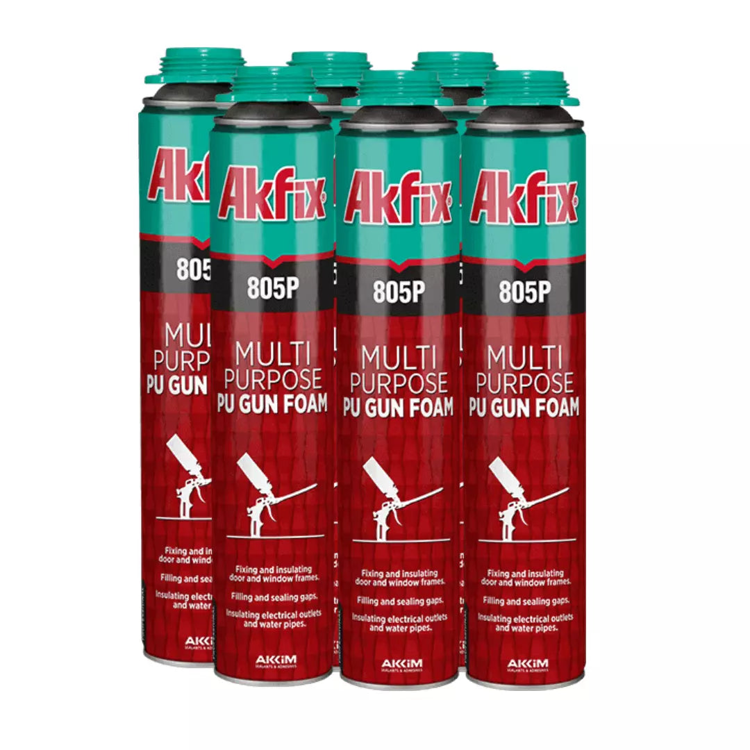espuma de poliuretano Akfix y pistola profesional marca Akfix para aislamiento y relleno