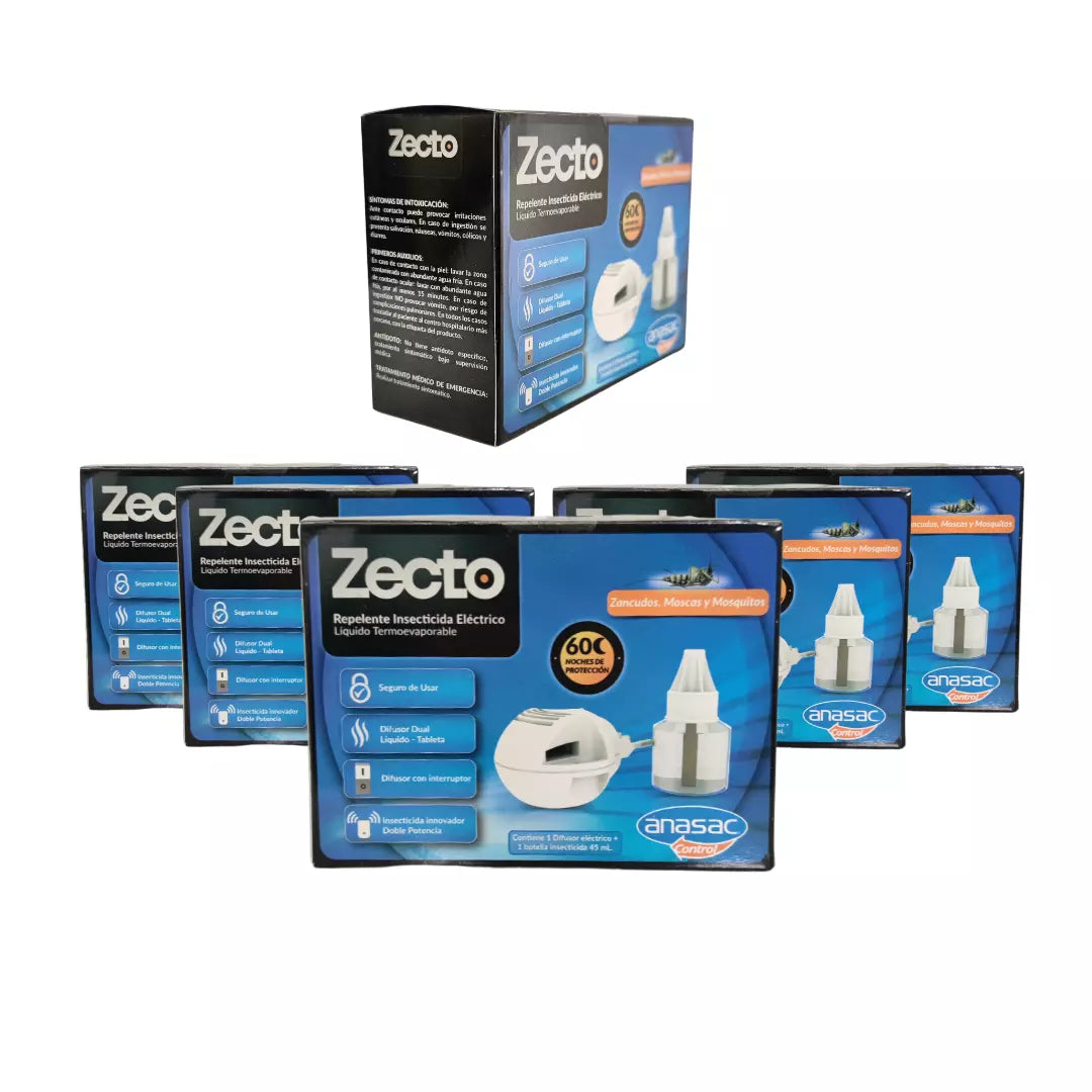 Pack 6 repuestos líquidos Zecto, insecticida para difusor eléctrico, protección continua contra mosquitos, ideal para dormitorios y hogar.