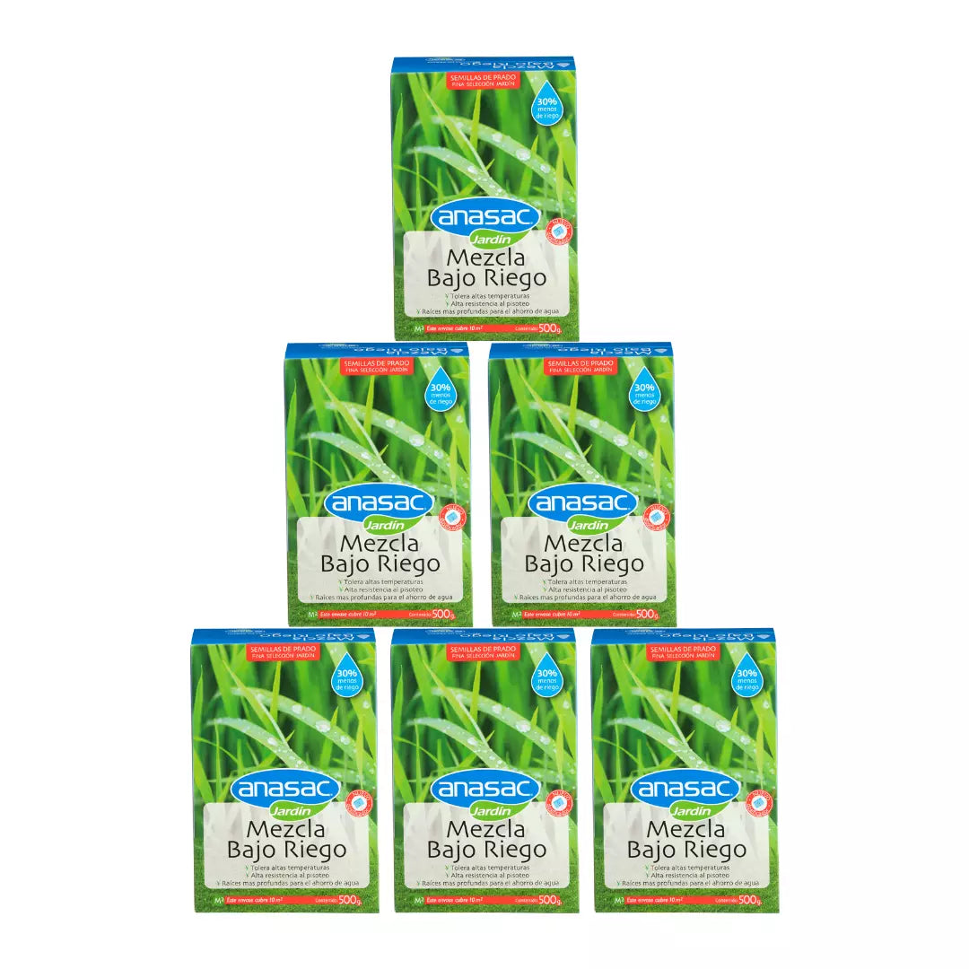 Pack 6 semillas de pasto Anasac 500g, mezcla bajo riego resistente a la sequía para un césped denso y de bajo mantenimiento.