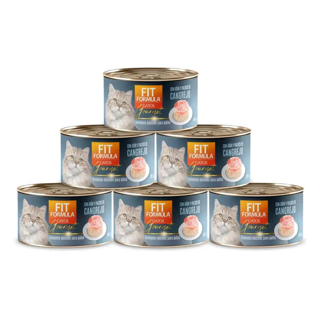 Pack 6 latas de alimento húmedo gourmet para gatos, receta con irresistibles palitos de cangrejo, fuente de proteína e hidratación para la dieta felina.