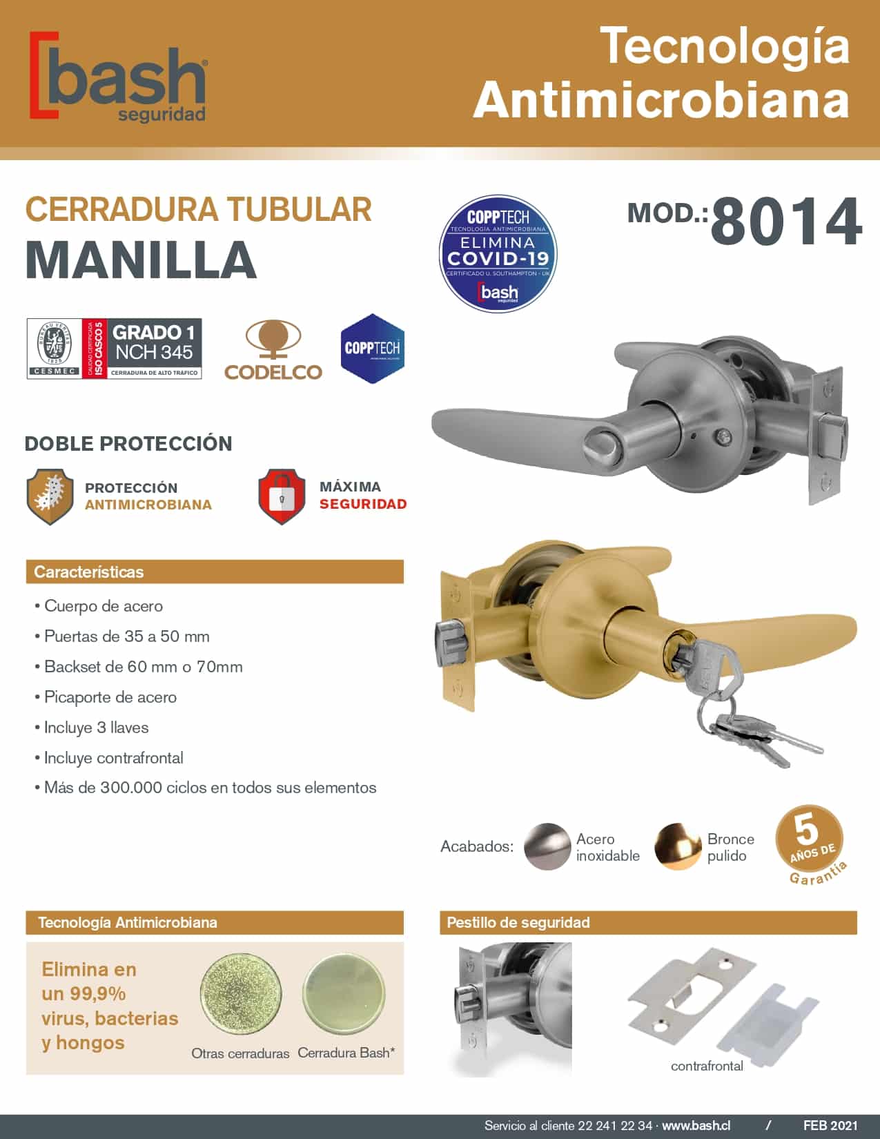 Cerradura tubular de manilla de acero Bash, ideal para puertas interiores de baño o dormitorio con mecanismo de privacidad