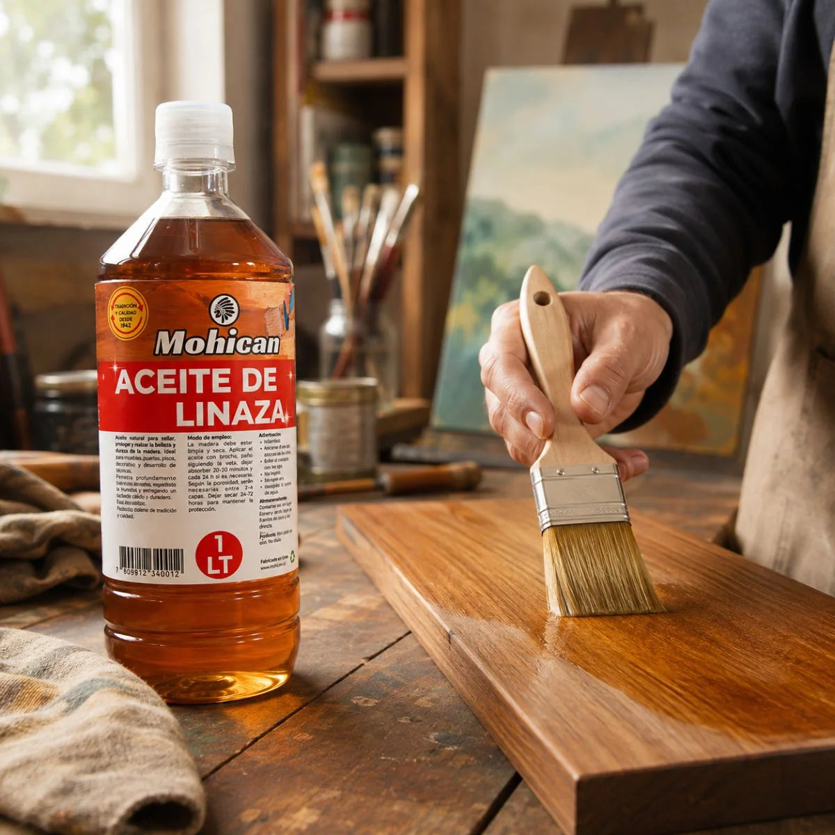 Aceite de linaza 100% puro Mohican de 1 litro para madera y óleo