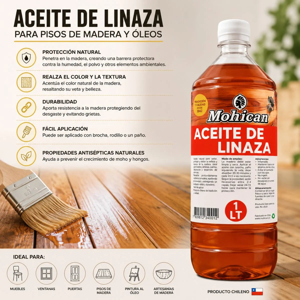 Aceite de linaza 100% puro Mohican de 1 litro para madera y óleo