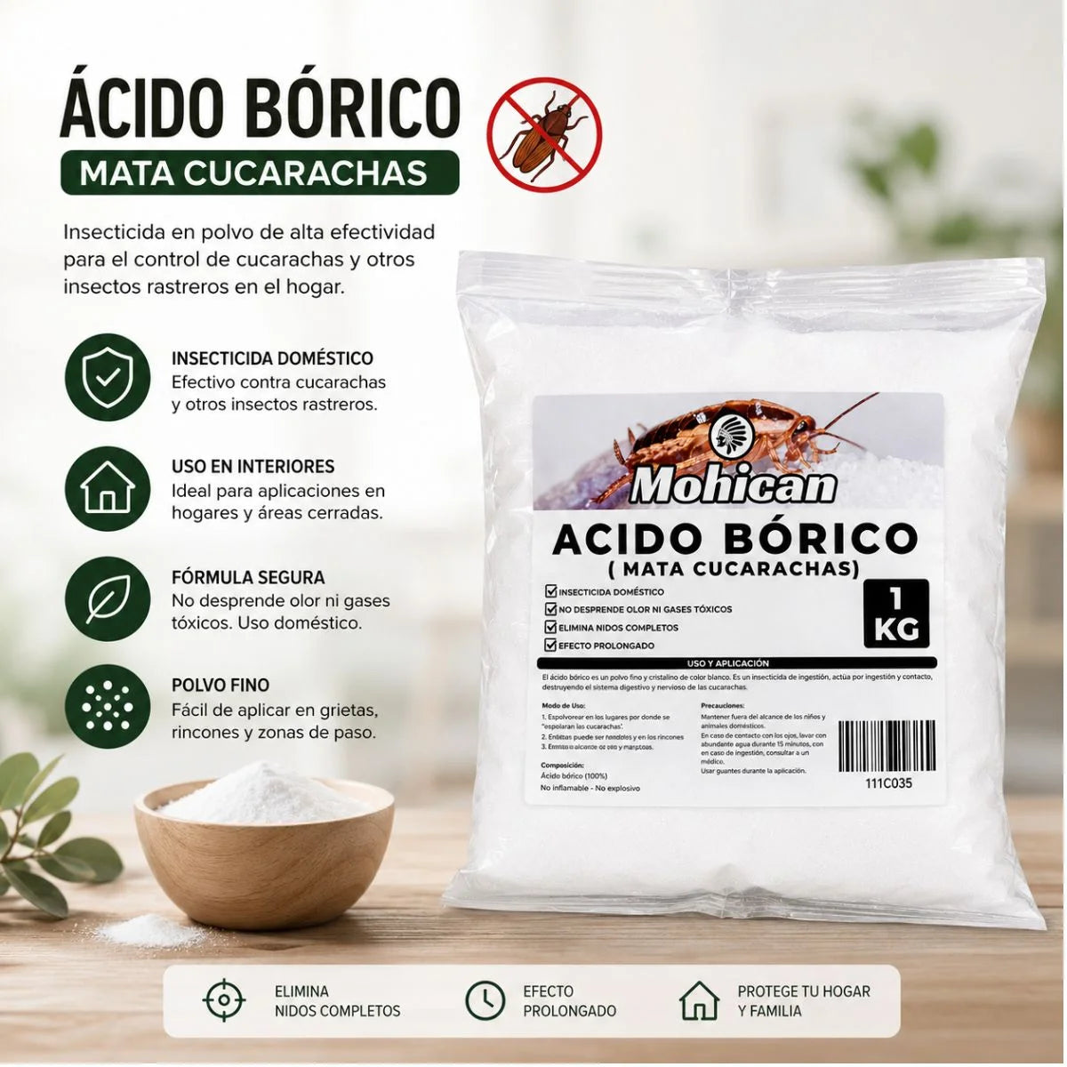 Ácido bórico mata cucarachas Mohican 1 kg en polvo