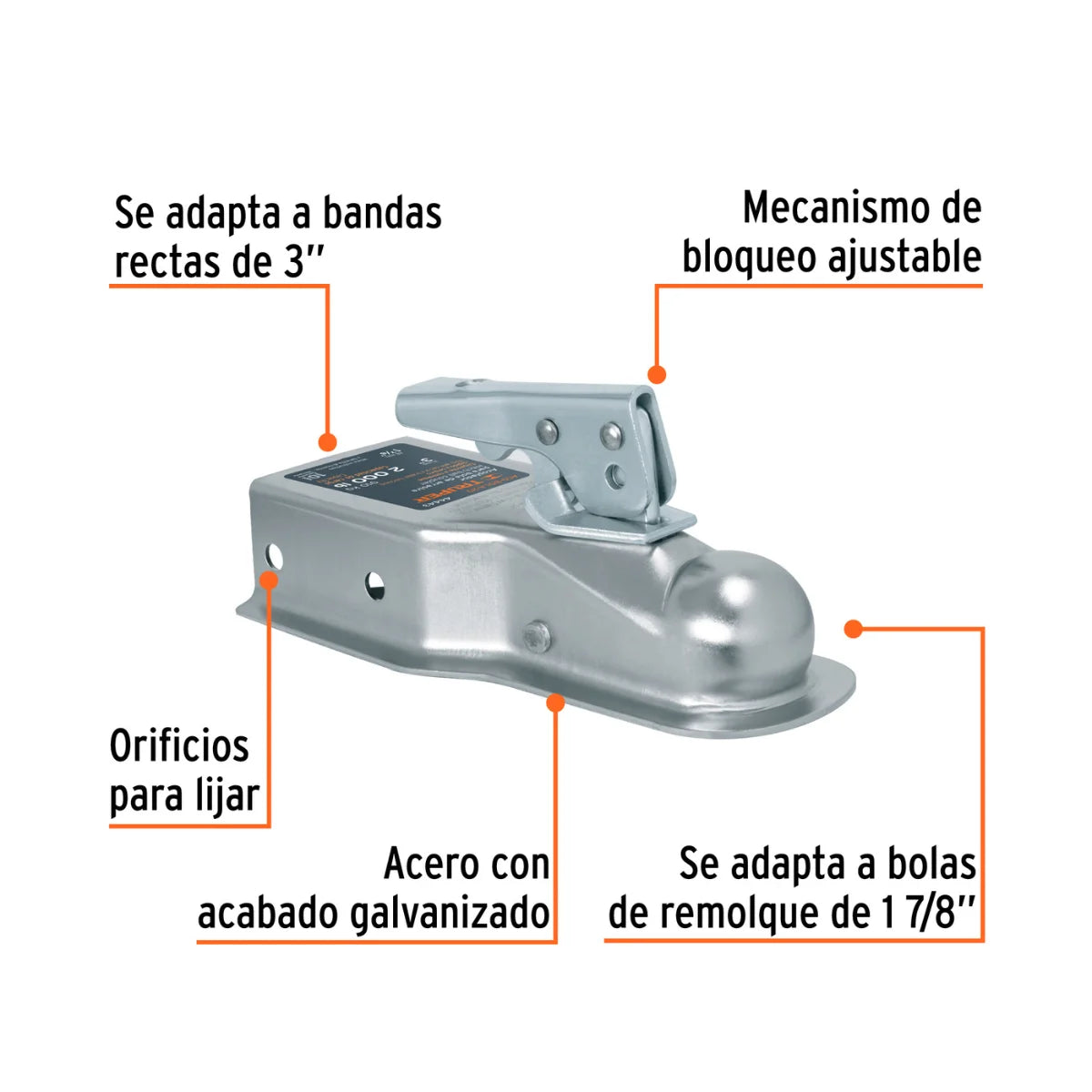Acoplador para bola Truper para remolques livianos con capacidad de 910 kg, medida de 1 7/8 pulgadas y acabado galvanizado resistente a la corrosión.
