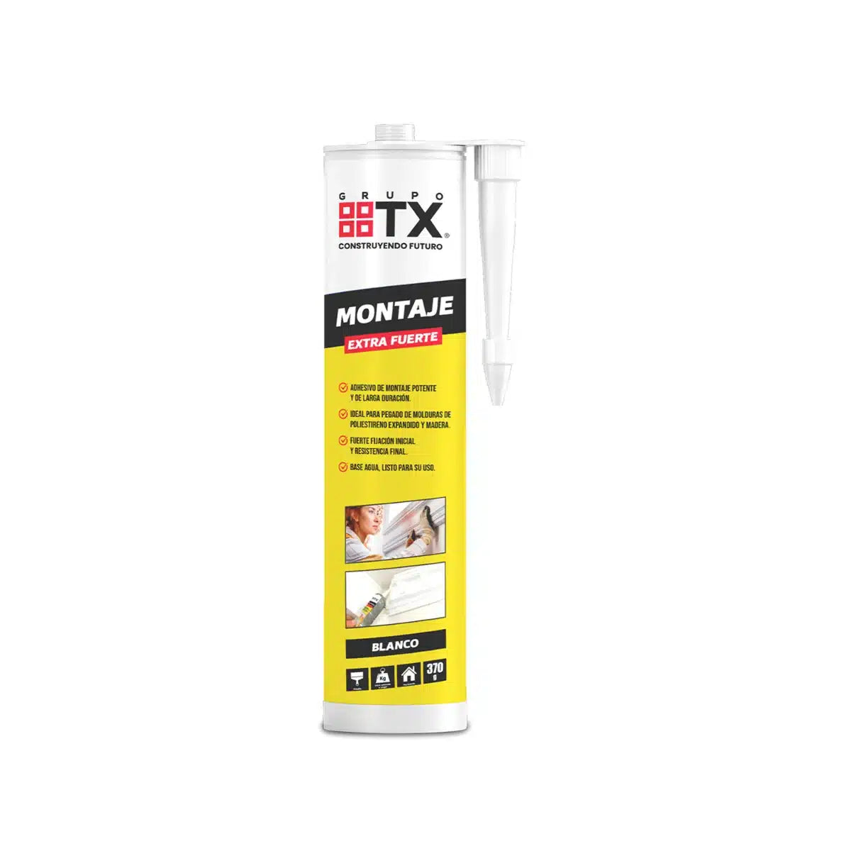 Cartucho de Adhesivo de Montaje Extra Fuerte Grupo TX de 370 gramos, color extra blanco.