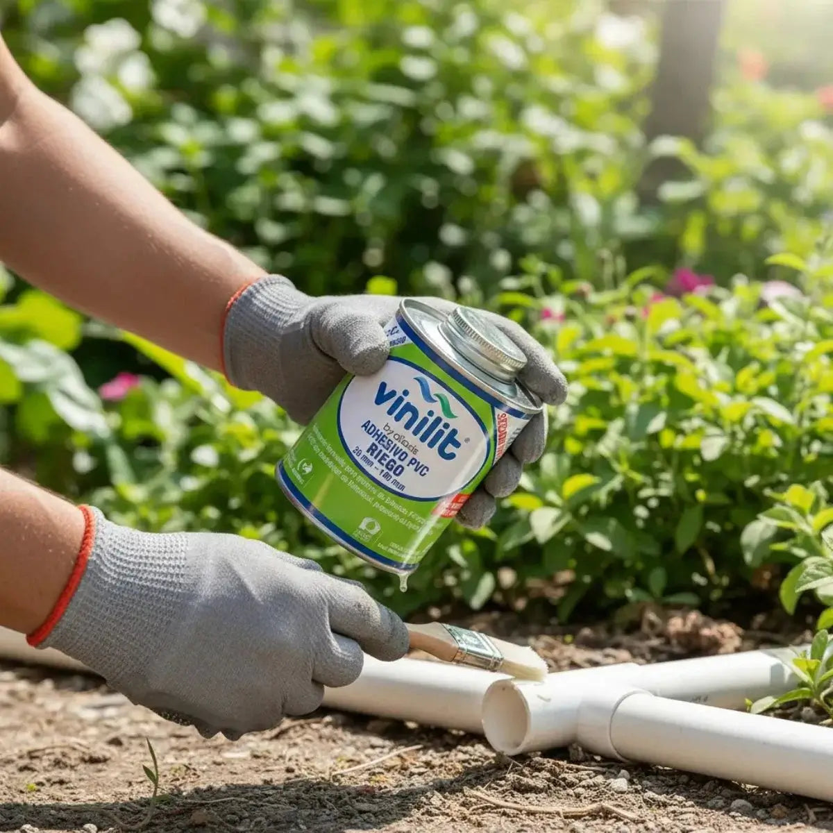 Adhesivo PVC Vinilit de 240 cc para riego, ideal para uniones sólidas que soportan el sol, humedad y alta presión.