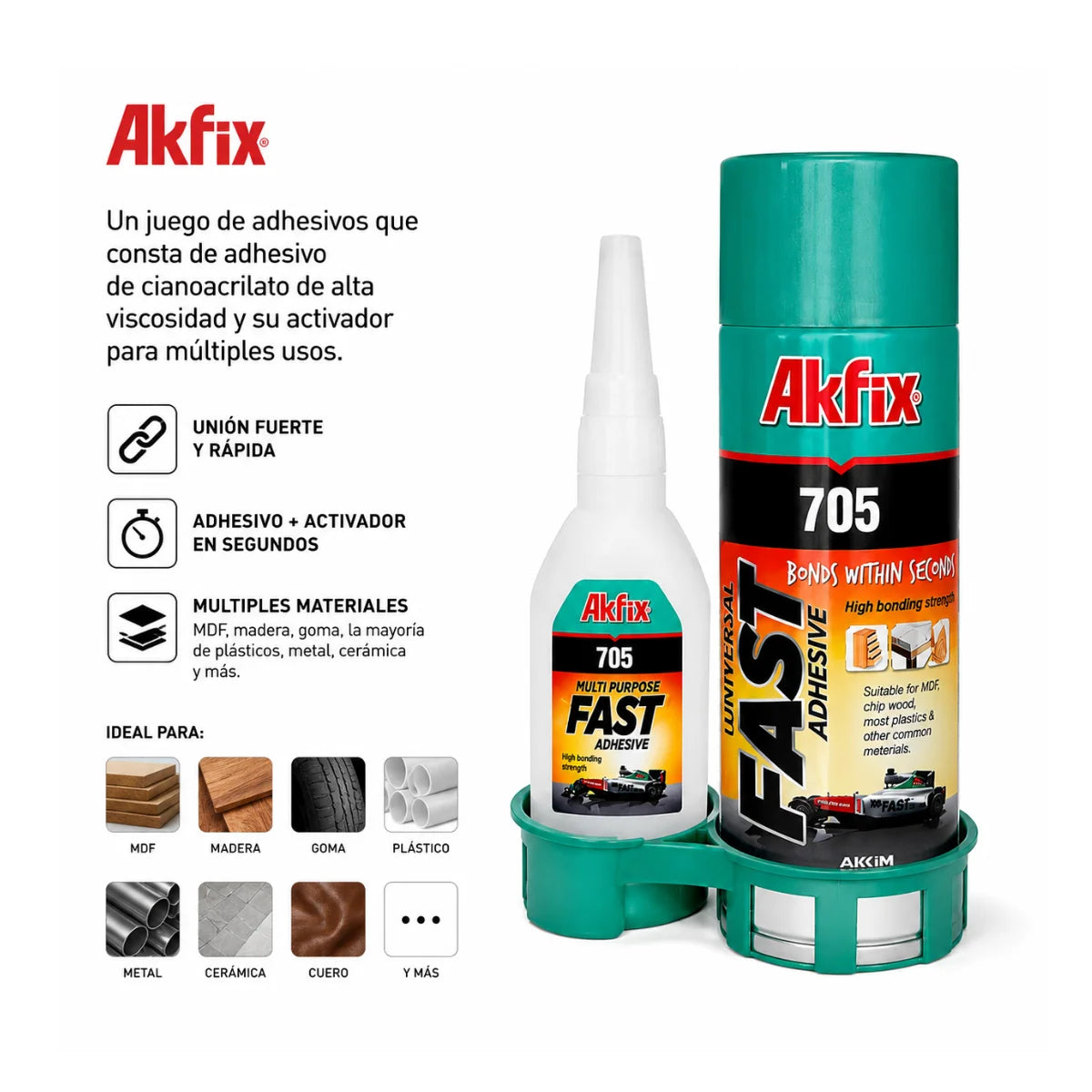 Adhesivo Mágico con Activador 705 Akfix para pegado instantáneo de madera MDF y molduras