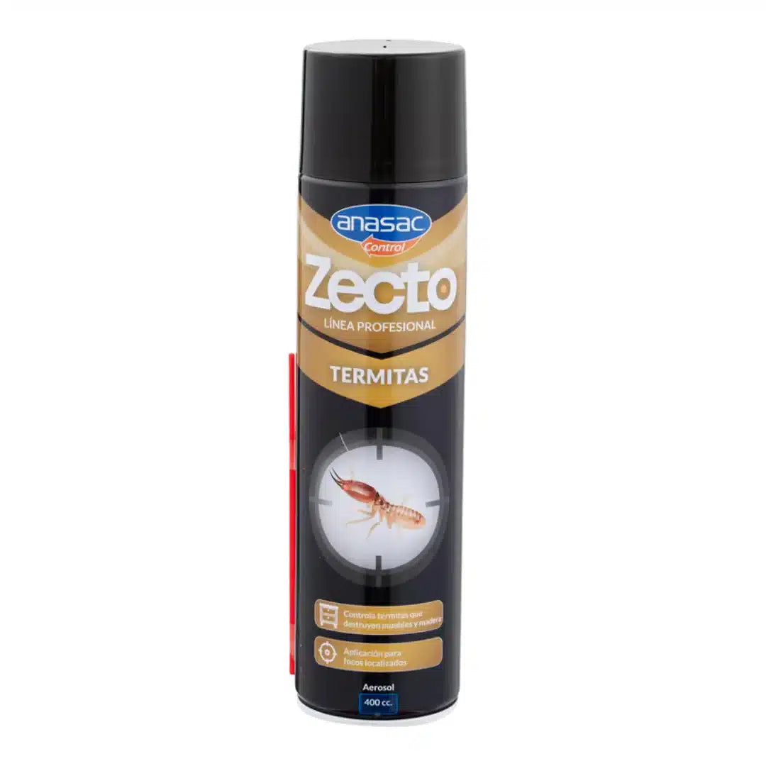 insecticida para termitas Anasac de 400cc para termitas en aerosol con una cánula inyectora.