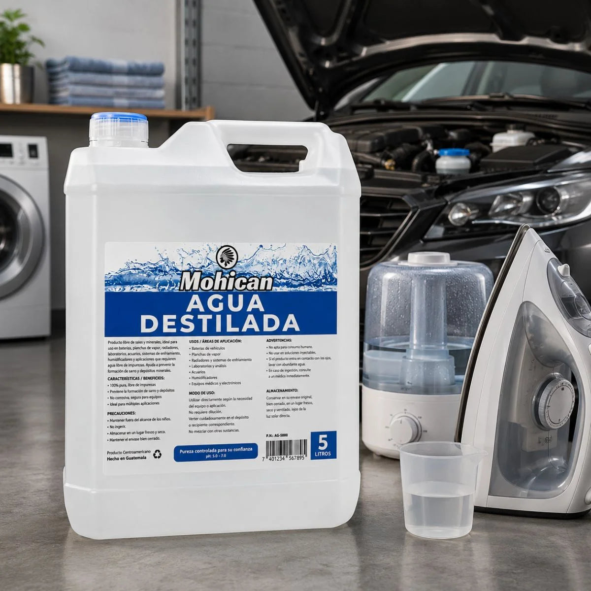 Agua destilada Mohican en bidón de 5 y 10 litros para uso técnico y automotriz