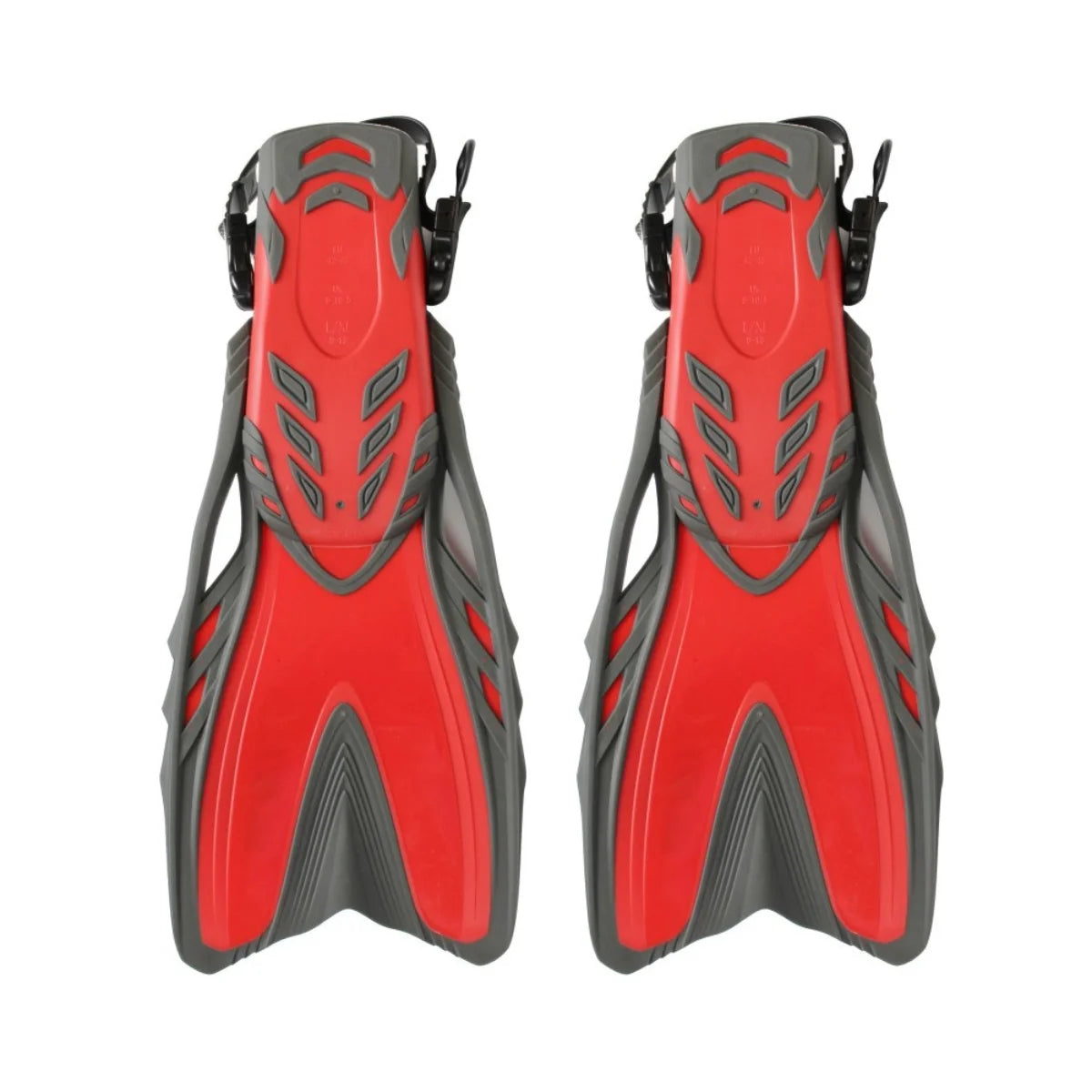 aletas de natación ajustables de talón abierto UK TIME, disponible en Rojo/Gris o Azul/Gris.